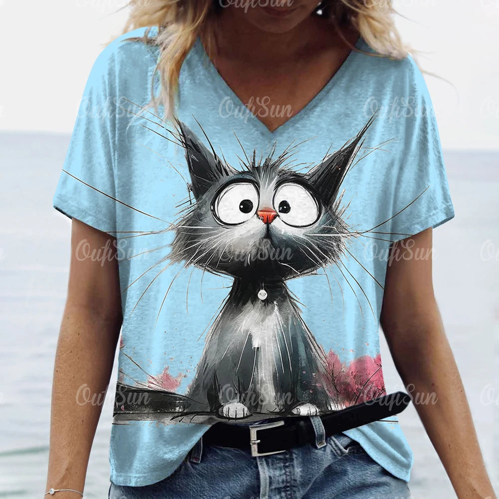 teen and young mom lovely cat T. shirt Cat Print Casual Short Sleeve Crew Neck  Female Oversized Clothing