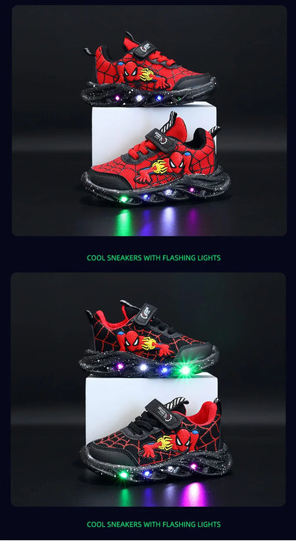 Disney LED Casual Sneakers in Red and Black, perfect for spring. Boys' mesh outdoor shoes with lighting and non-slip design, available in sizes 21-30.