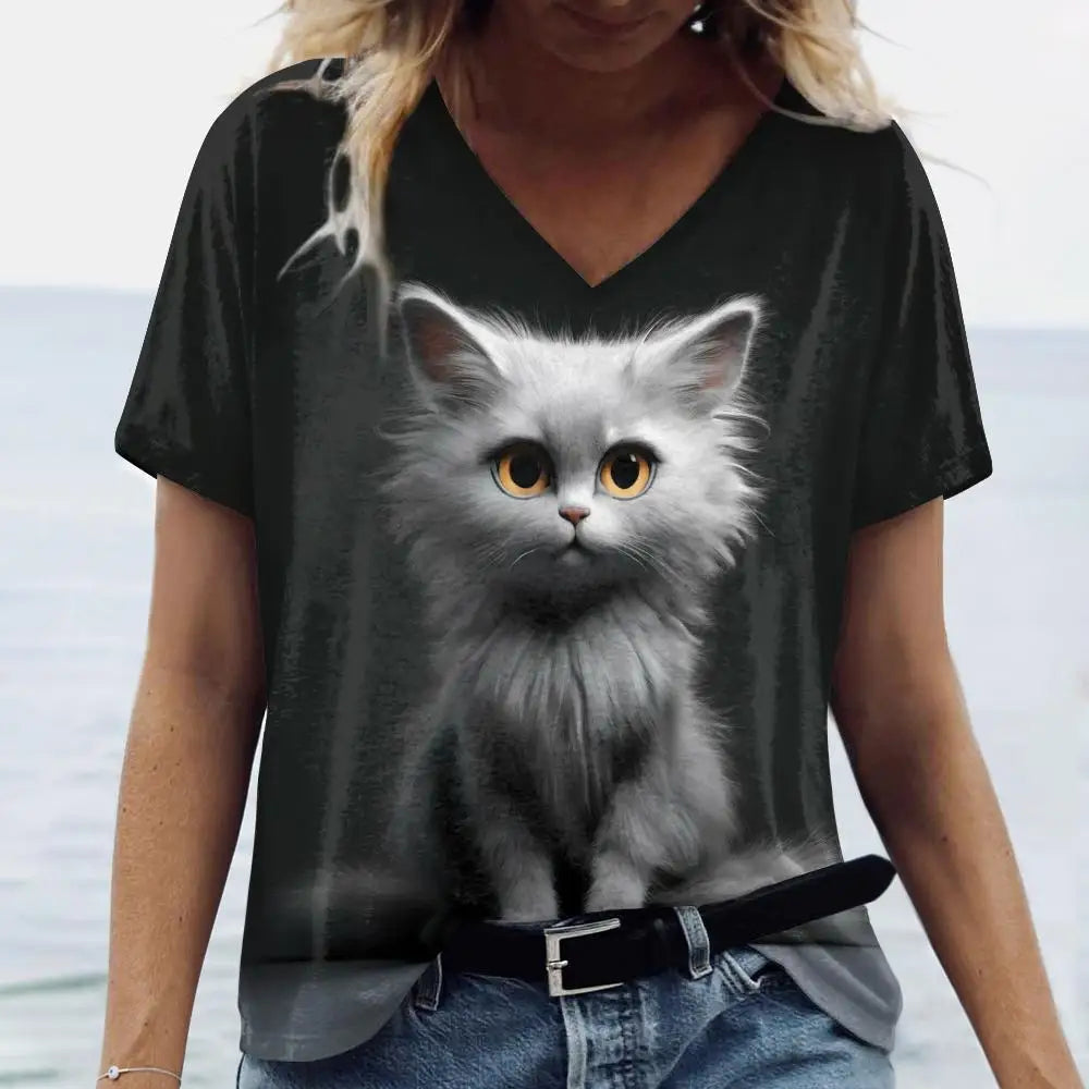 teen and young mom lovely cat T. shirt Cat Print Casual Short Sleeve Crew Neck  Female Oversized Clothing