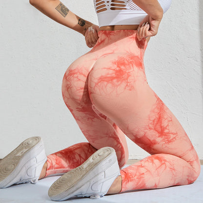 Ladies' Seamless Tie-Dye Scrunch Yoga Leggings: High-Waisted Workout Sports Pants