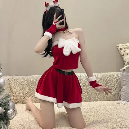 [You're My Secret] Christmas Skirt Suit for Women - Xmas Party Dress-Up, Sexy Carnival Ensemble, Red Santa Claus Cosplay Costume for Adults