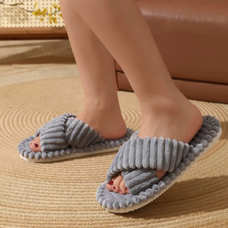 Corduroy Flat Home Slippers for Women 2024 Fashion Cross Band Warm Plush Slides Woman Indoor Lightweight Soft Sole Cotton Shoes