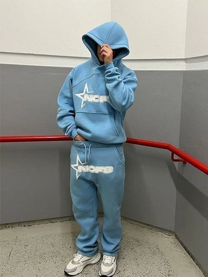 Trendy Kangaroo Pocket Hoodie And Sweatpants 2 Piece Set For Man Casual Letter Printed Outfits 2025 Elastic Waist Pants Suit