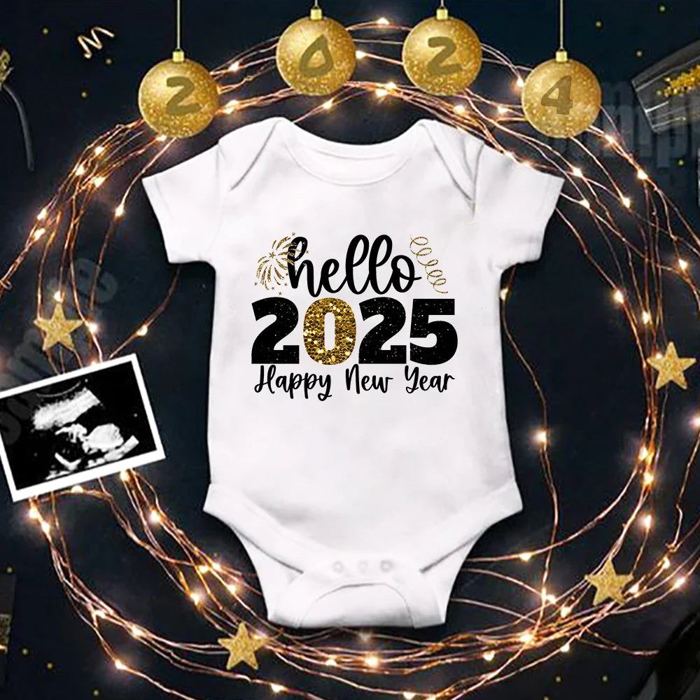 Happy New Year 2025 Baby Bodysuit Boys Girls Clothes Gift Toddler Short Sleeve Jumpsuit