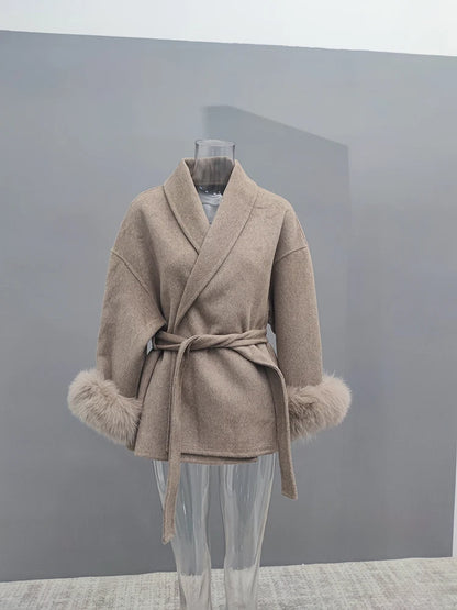 Luxe Office Lady Long Woolen Coat with Fur Trim 2025