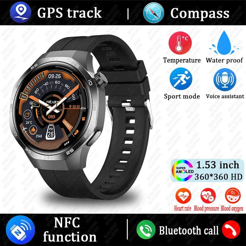 Huawei Xiaomi 2025 GT5 Pro Men Smart Watch AMOLED HD Screen GPS NFC Heart Rate Bluetooth Call IP68 (Waterproof )