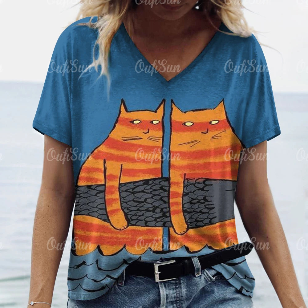 teen and young mom lovely cat T. shirt Cat Print Casual Short Sleeve Crew Neck  Female Oversized Clothing