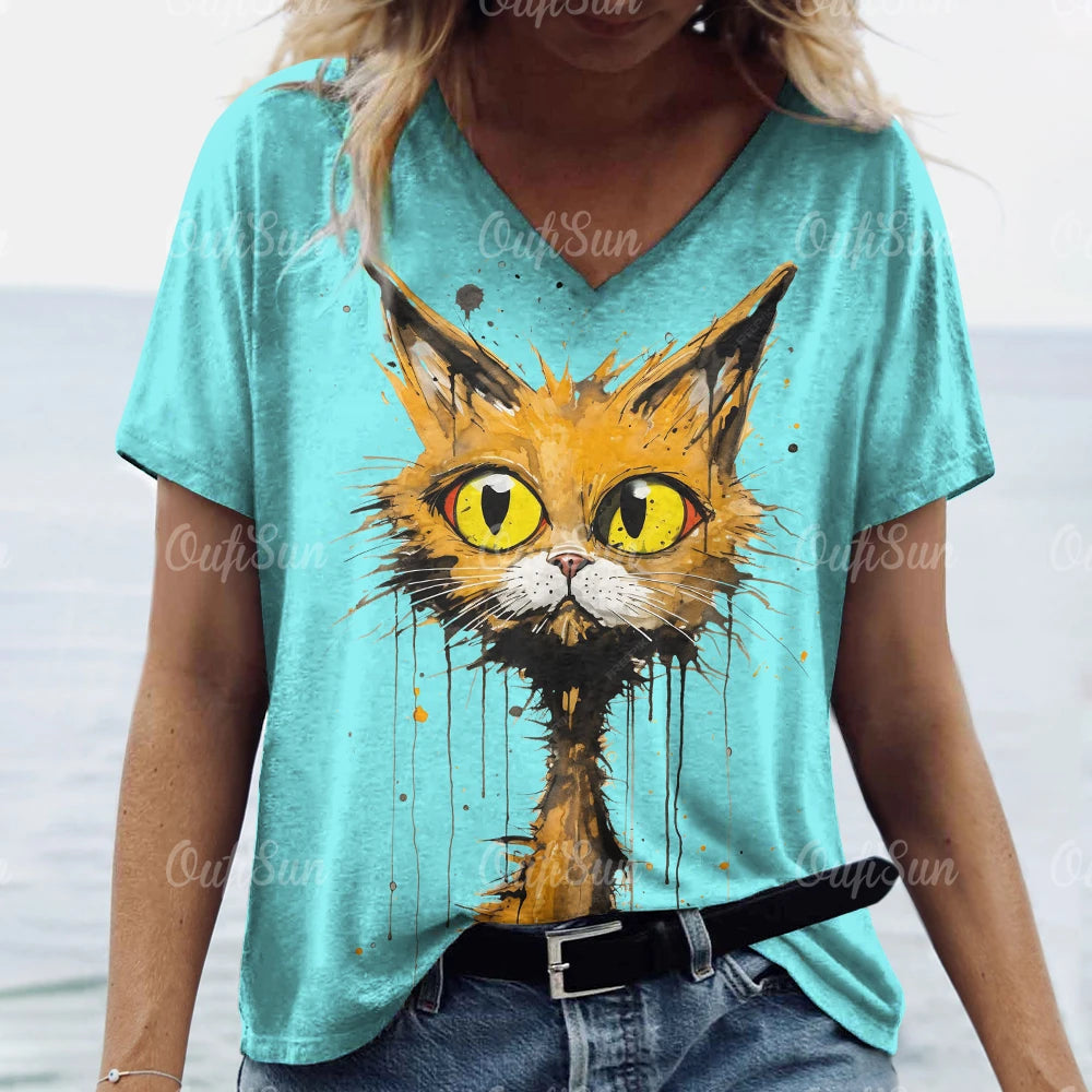 teen and young mom lovely cat T. shirt Cat Print Casual Short Sleeve Crew Neck  Female Oversized Clothing