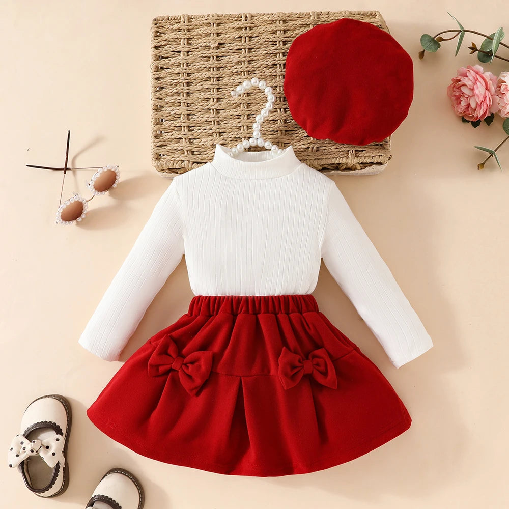 Baby Girls' New Year 2025 Clothing Set for 0-3 Years: Includes a Long-Sleeve Top with a Large Bow, an Irregular Skirt, and a Beret - 3-Piece Toddler Christmas Outfit.