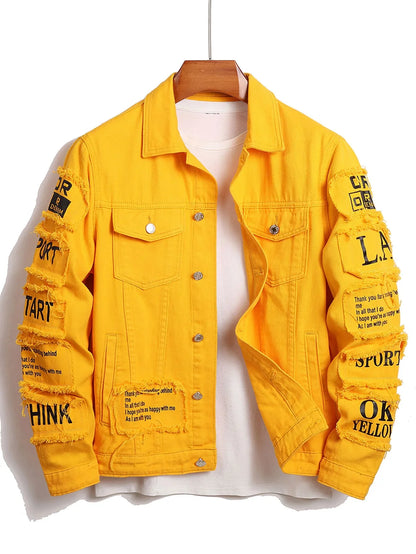 Men's Y2K denim jacket featuring jeans-style clothing patches, a windbreaker design, stretchy cotton fabric, and a trucker style. This cowboy letter-themed designer jacket is a fashionable choice for men.