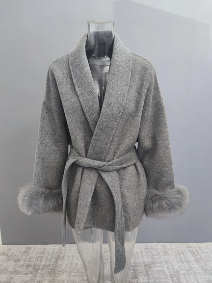 Luxe Office Lady Long Woolen Coat with Fur Trim 2025