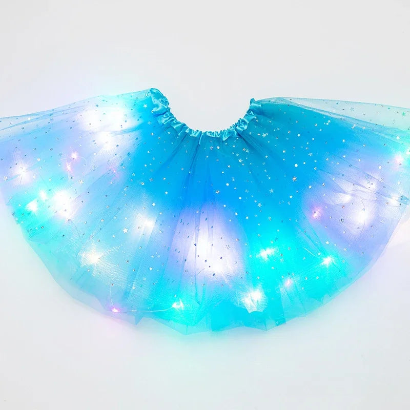 LED Glowing Light Girls Tulle Star Short Tutu Skirt Children Fancy Ballet Dancewear Party Costume Ball Gown Mini Skirt