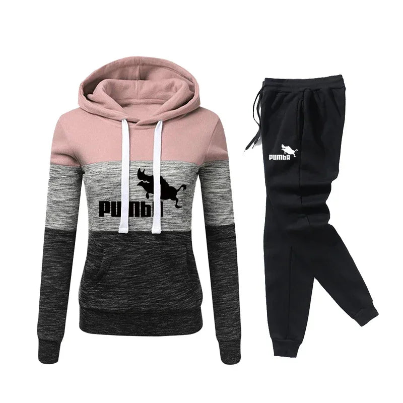 Women Tracksuit Hooded Sweatshirt + Pants Suit Female Color Block Casual Jogging Pullovers Lady Sport Trousers Outfits 2024