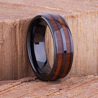 Fashion Men Titanium Steel Koa Wood Rings For Men Women Dome Polished Stainless Steel Rings Men Wedding