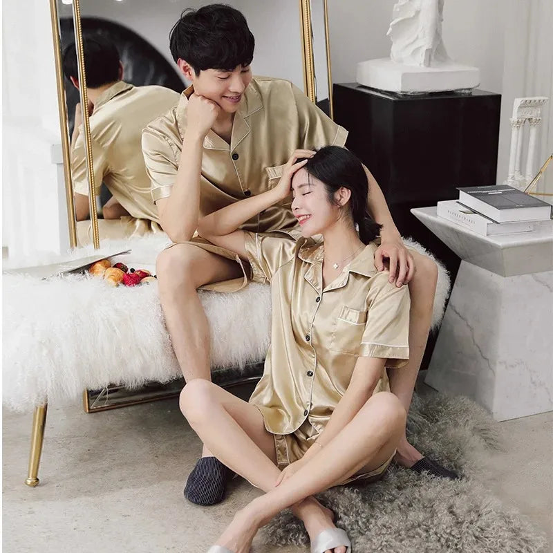 Men & Women Solid Color Sleepwear Silk Satin Pajamas Couple Set Short-sleeved Pyjamas