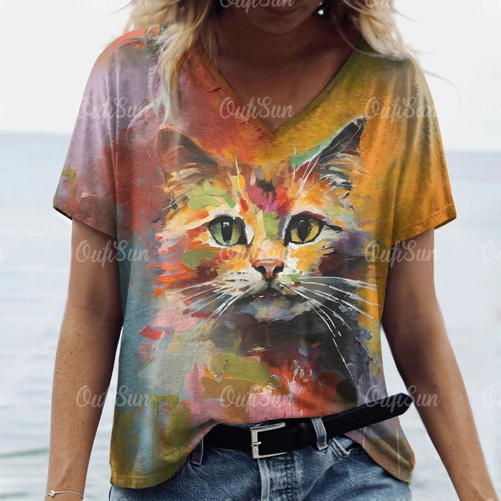 teen and young mom lovely cat T. shirt Cat Print Casual Short Sleeve Crew Neck  Female Oversized Clothing