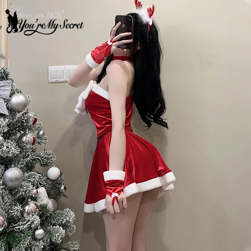 [You're My Secret] Christmas Skirt Suit for Women - Xmas Party Dress-Up, Sexy Carnival Ensemble, Red Santa Claus Cosplay Costume for Adults