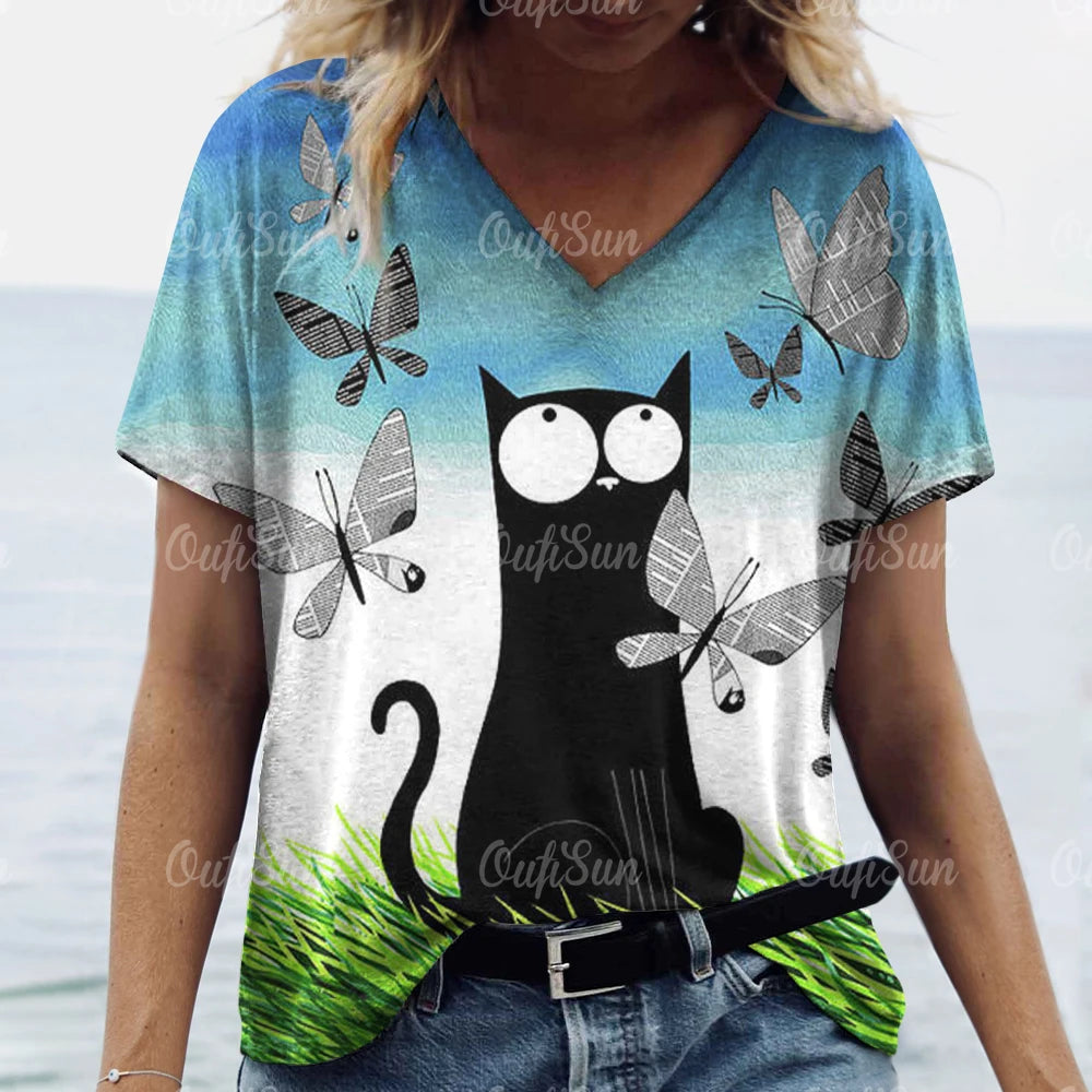 teen and young mom lovely cat T. shirt Cat Print Casual Short Sleeve Crew Neck  Female Oversized Clothing