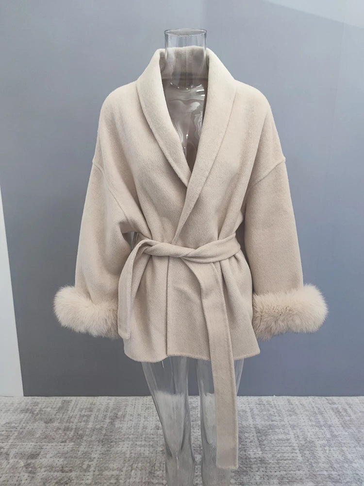 Luxe Office Lady Long Woolen Coat with Fur Trim 2025