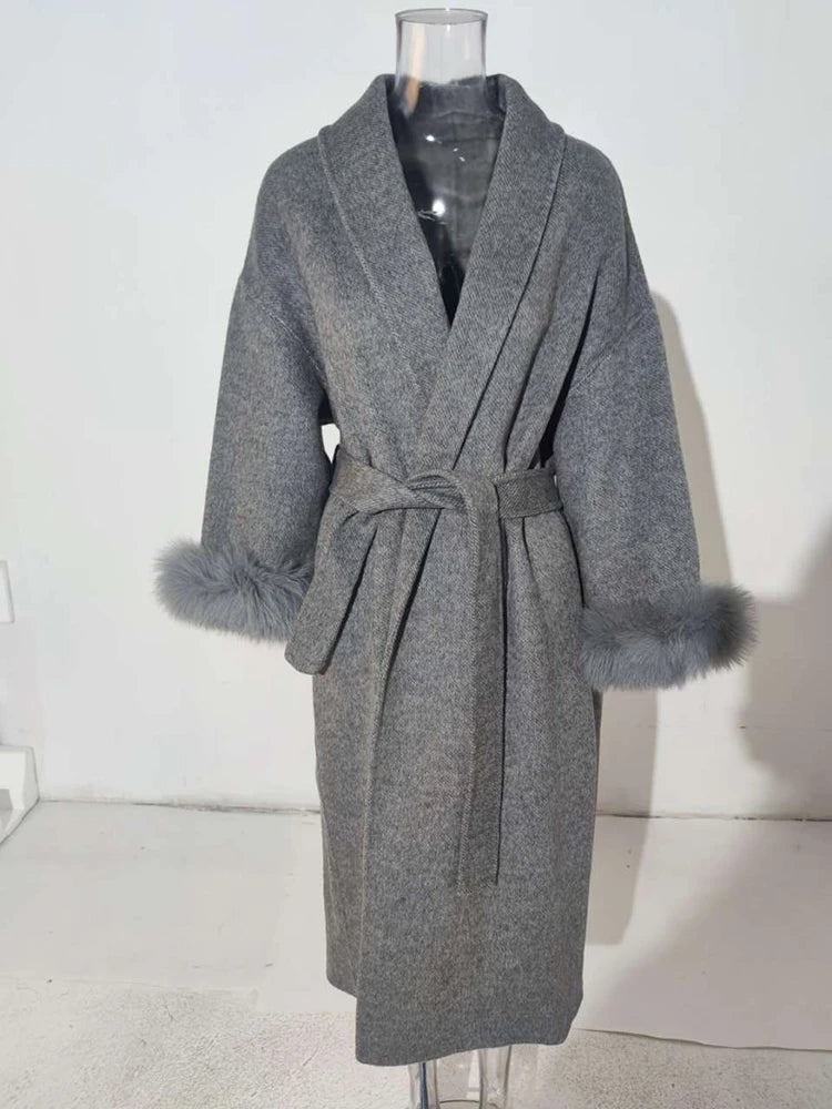 Luxe Office Lady Long Woolen Coat with Fur Trim 2025