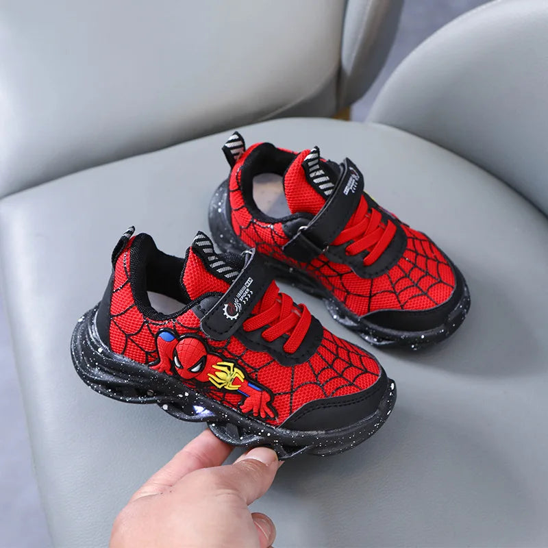 Disney LED Casual Sneakers in Red and Black, perfect for spring. Boys' mesh outdoor shoes with lighting and non-slip design, available in sizes 21-30.