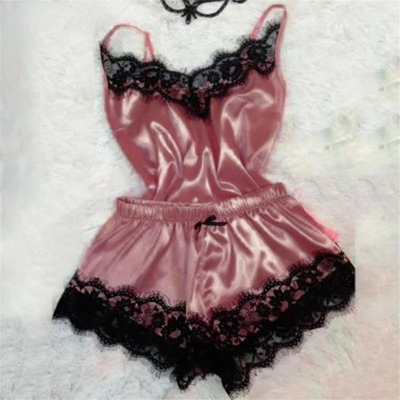 Women's Sleepwear Sexy Lace Satin Pajama Sets Ladies Nightwear