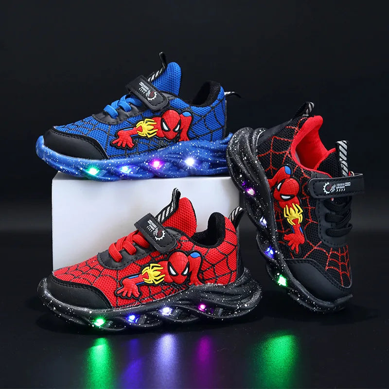 Disney LED Casual Sneakers in Red and Black, perfect for spring. Boys' mesh outdoor shoes with lighting and non-slip design, available in sizes 21-30.