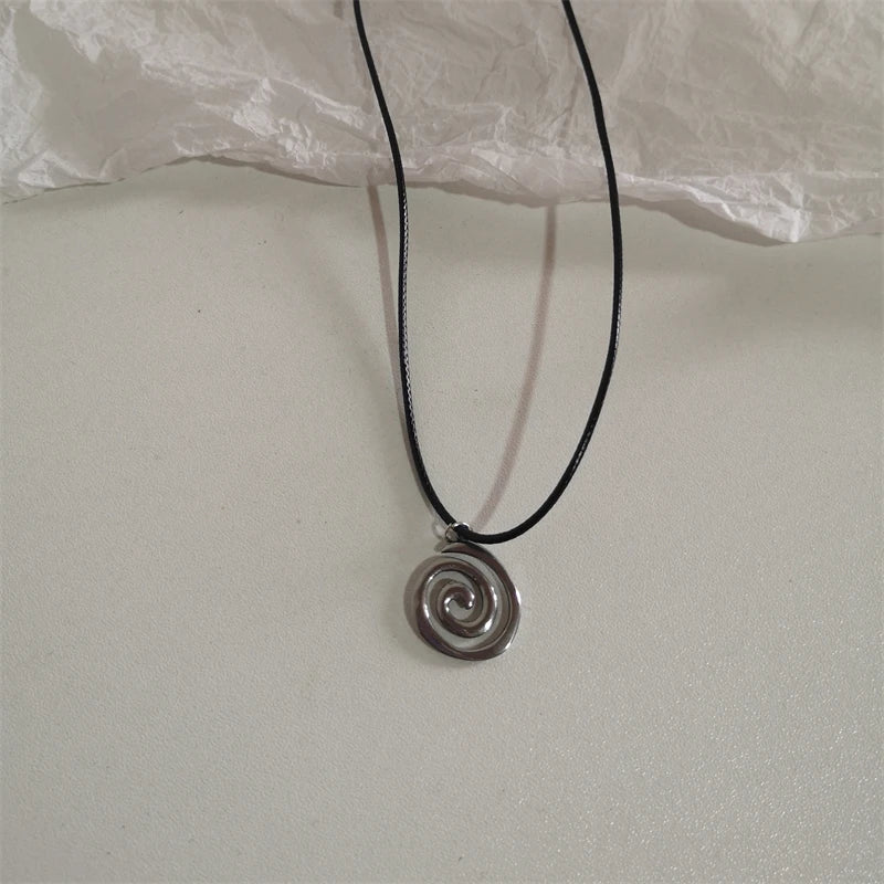 Vintage Spiral Vortex Pendant Hand-woven Leather Rope Necklace for Women