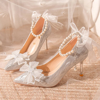 Shimmering Steps: Women's 2025 Pearl Bow Heels