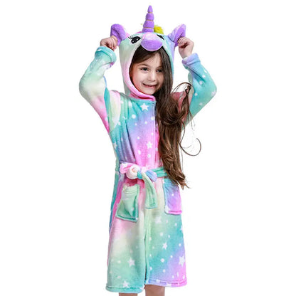 Boys Girls Sleepwear Hooded Bathrobe Toddler Unicorn Anime Cartoon Towel Beach