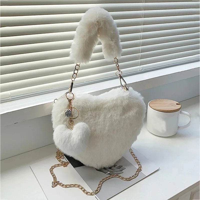 Faux Fur Heart-shaped Women Small Handbags Fluffy Plush Ladies Chain