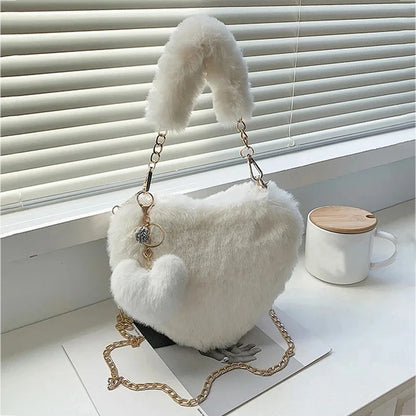 Faux Fur Heart-shaped Women Small Handbags Fluffy Plush Ladies Chain