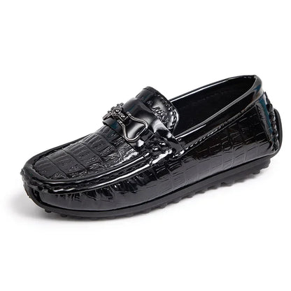 Boys Leather Shoes Round-toe Flat Soft Kids Fashion Casual Loafers Glossy Metal Buckle Children