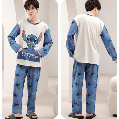 Cartoon Disney couple pajamas men's/women's pure cotton Stitch autumn two-piece set Stitch women and man pajamas home wear