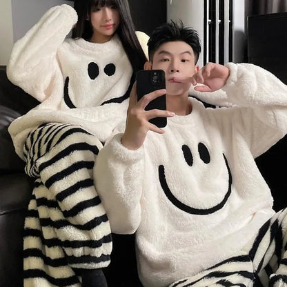 couple Smile Fluffy Flannel Couples Pajamas Set Women Christmas PJ Warm Furry Homewear