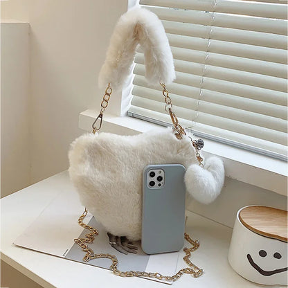 Faux Fur Heart-shaped Women Small Handbags Fluffy Plush Ladies Chain