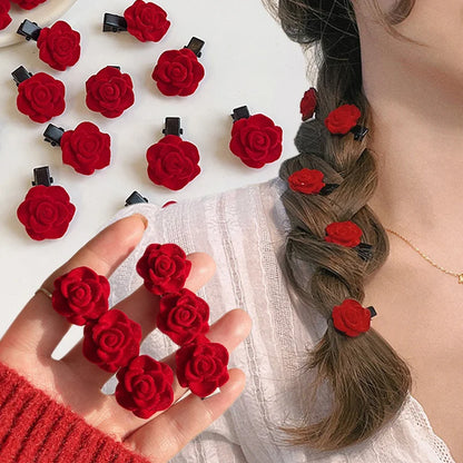 Red Velvet Rose Hair Clips For Women Girls Small Flower