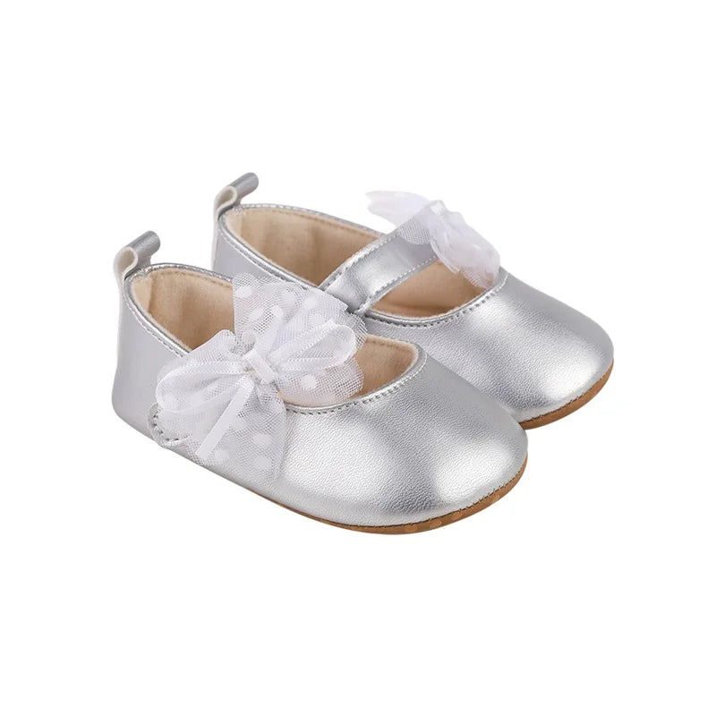 Princess  Baby Girls Shoes Shine Surface Dot Print Mesh Bowknot Flats Non-Slippery Wedding & formal party shoes 0-18 months