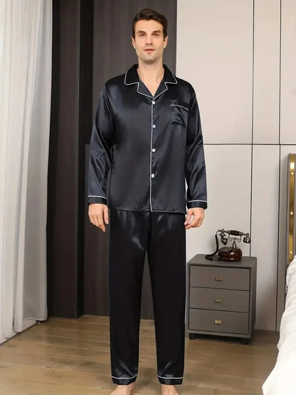 Men Fashion Pajamas Set Silk Satin Nightwear Big Size Spring Sleepwear .