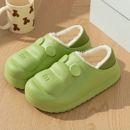 Cute Candy Color Bear Womens Warm Slippers Winter Plush Warm House Waterproof Slippers Women Thick Bottom Slip On Cotton Slides