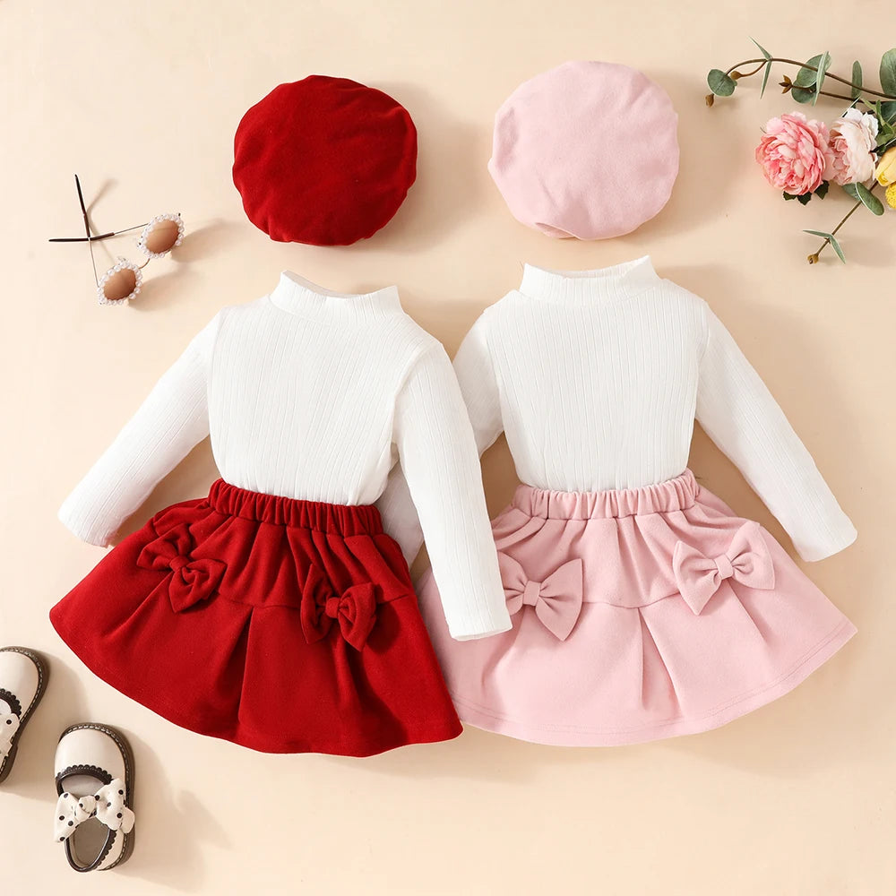 Baby Girls' New Year 2025 Clothing Set for 0-3 Years: Includes a Long-Sleeve Top with a Large Bow, an Irregular Skirt, and a Beret - 3-Piece Toddler Christmas Outfit.