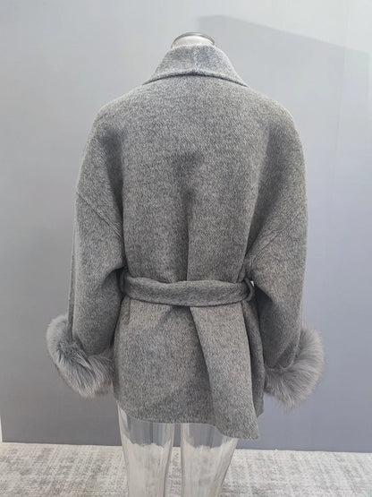 Luxe Office Lady Long Woolen Coat with Fur Trim 2025