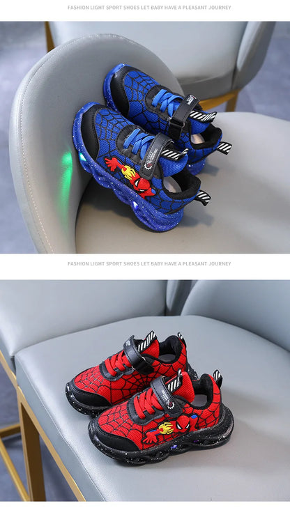 Disney LED Casual Sneakers in Red and Black, perfect for spring. Boys' mesh outdoor shoes with lighting and non-slip design, available in sizes 21-30.