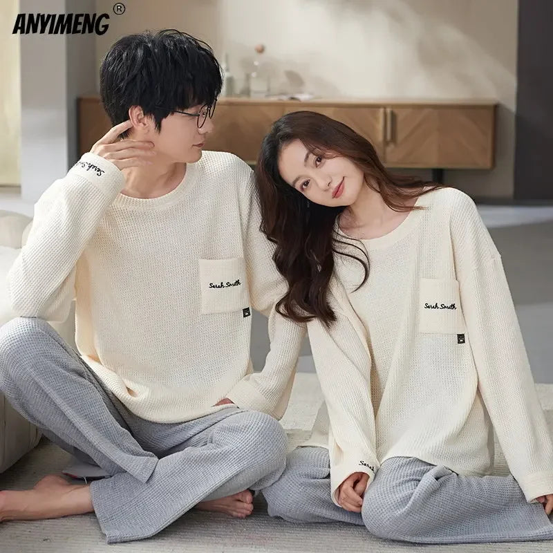 New couple Autumn Winter Waffle Cotton Long Sleeve Women Pajamas Set Print Pijamas Lover Round Neck Plaid Pants Sleepwear