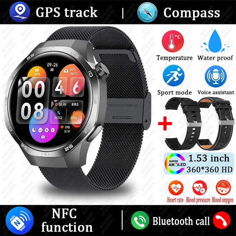 Huawei Xiaomi 2025 GT5 Pro Men Smart Watch AMOLED HD Screen GPS NFC Heart Rate Bluetooth Call IP68 (Waterproof )