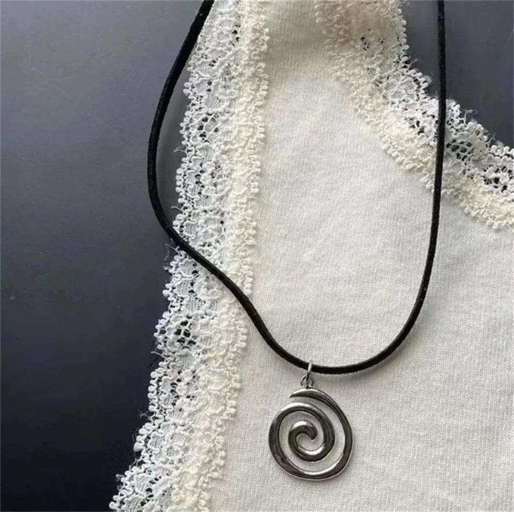 Vintage Spiral Vortex Pendant Hand-woven Leather Rope Necklace for Women