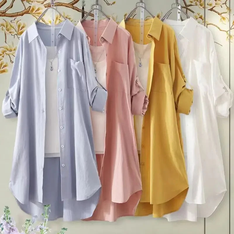 Plus-Size, Breathable Blouses; Midi, Korean Casual Autumn Shirts for Women; Simple, Solid, Female Long-Sleeved Shirts