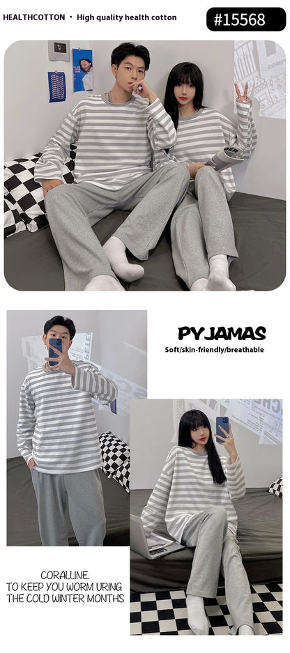 Cotton Men Pajamas Plus Size Autumn and Winter Striped Long-Sleeved Trousers 2 Piece Set Sleepwear