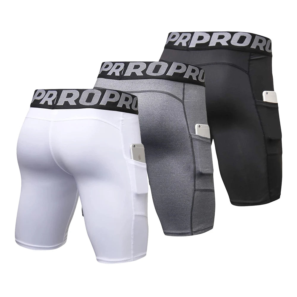 Mens Gym Shorts with Pockets Workout Compression Leggings for Men Polyester Boxer Briefs Running & Basketball .