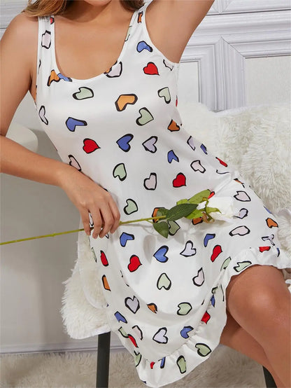 Heart Print Slip Nightdress with Lettuce Trim and Round Neckline